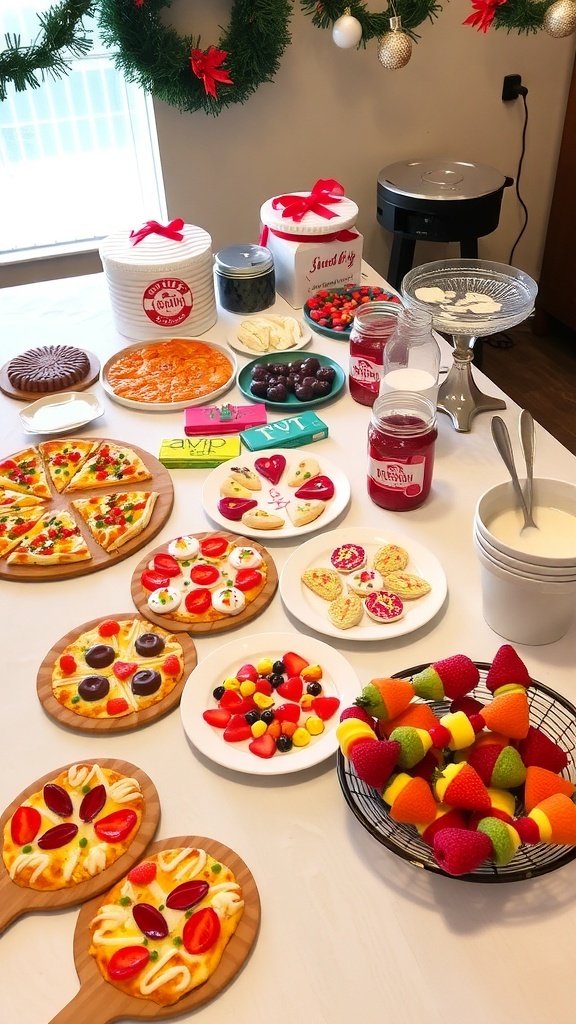 A festive youth Christmas party table with mini pizzas, cookies, fruit skewers, and hot chocolate.
